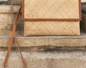 Handmade Natural Raffia And Leather Trim Crossbody - Made in Indonesia