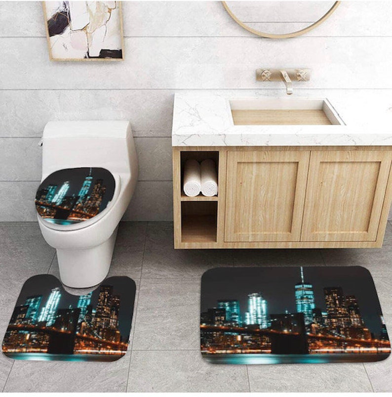 Raviva 4pcs New York Skyline Bathroom Shower Curtain Set, Beautiful
