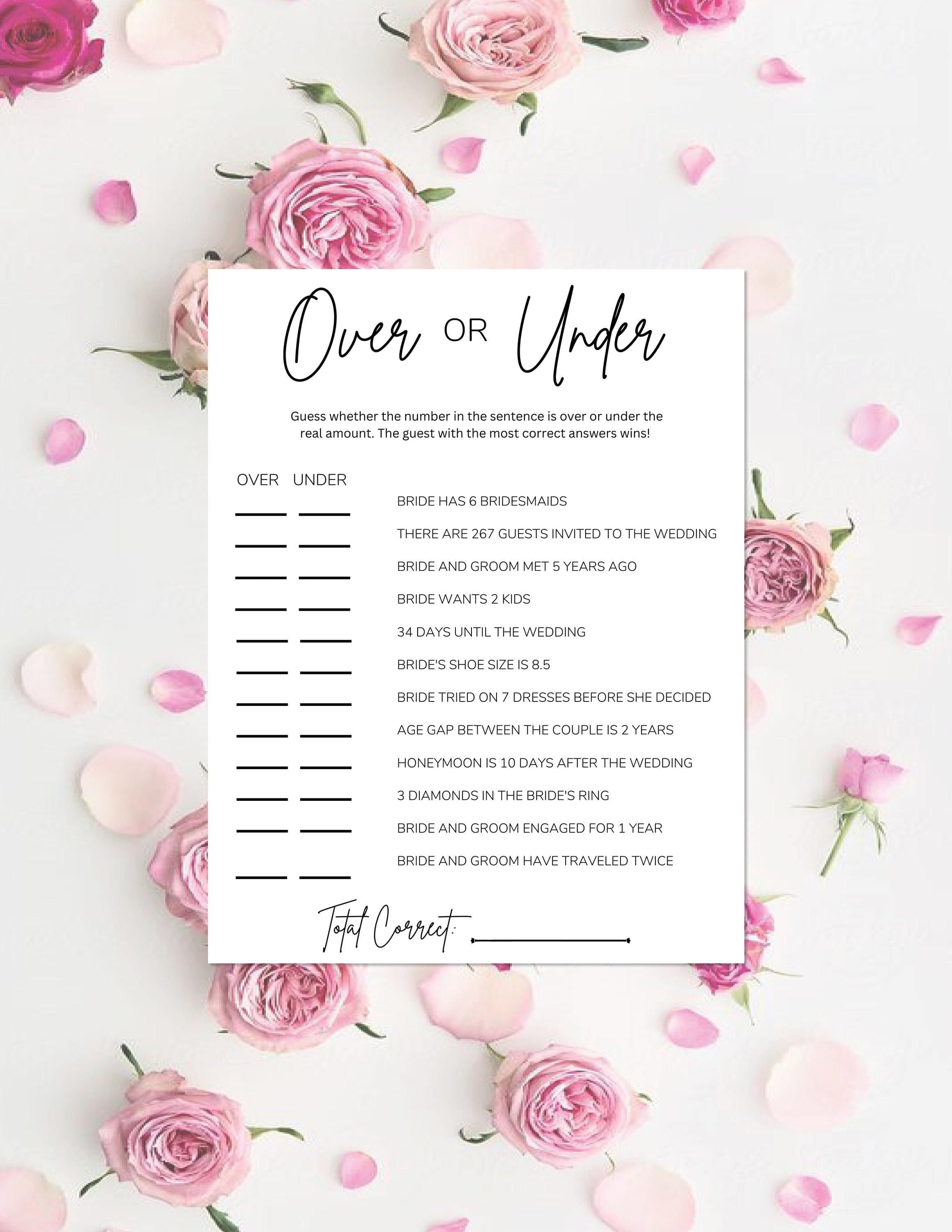 Printable Bridal Shower Games Over or Under Game Minimalist Instant ...