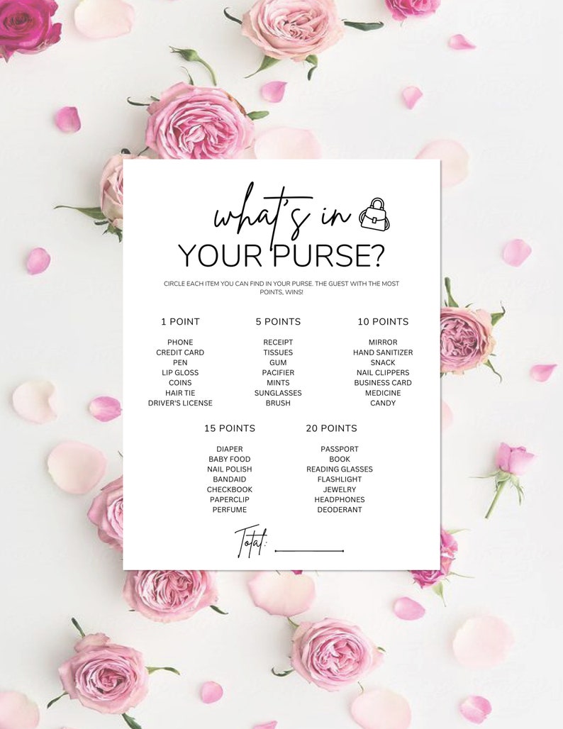 Printable Bridal Shower Games What's in Your Purse Minimalist Instant ...