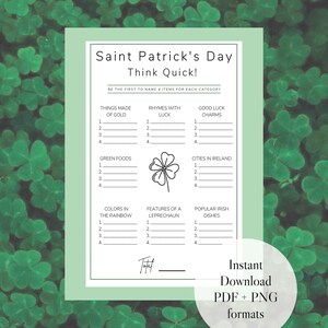 Saint Patrick&#39;s Day Games - Saint Patrick&#39;s Day Think Quick Game - Instant Download