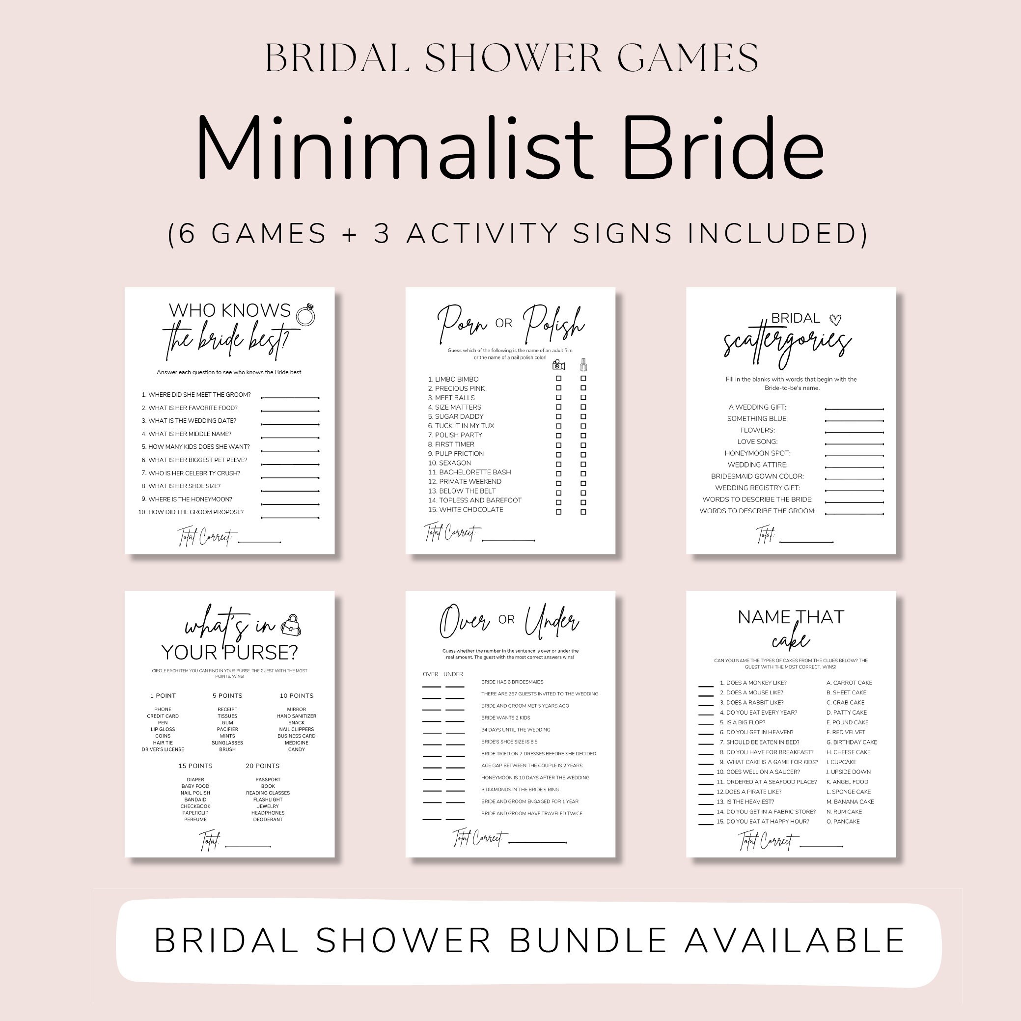 Printable Bridal Shower Games What's in Your Purse Minimalist Instant ...