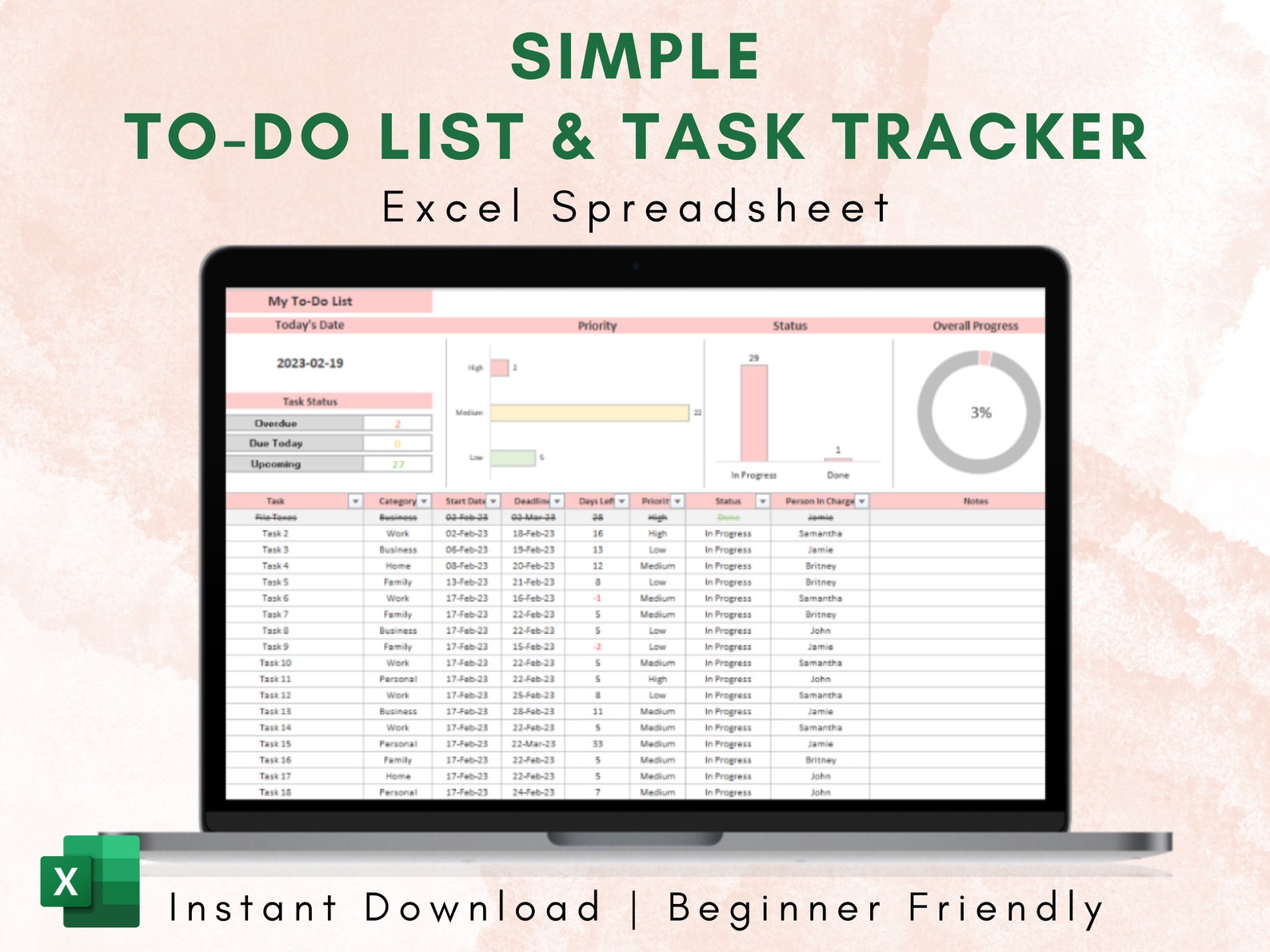 Excel to Do List Template | Task Planner Spreadsheet | Checklist ...