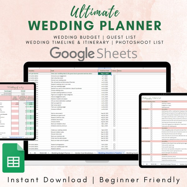 Ultimate Easy Wedding Planner Google Sheets - Wedding Budget | Itinerary | Wedding Checklist | Guestlist | Schedule | Photography | Template