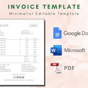 Peut inclure: Un modèle de facture minimaliste avec un espace réservé pour le logo, une description des articles, des colonnes pour la quantité, le prix et le total. Le modèle est modifiable et peut être enregistré en tant que document Google, document Microsoft Word ou PDF.