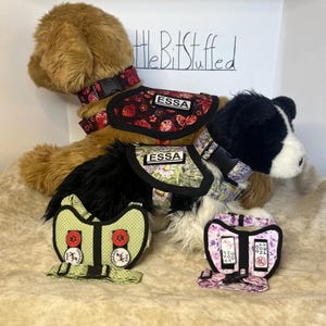 May include: Two plush dogs wearing fabric harnesses with the name ESSA on patches. One harness has a red strawberry pattern, the other a floral print. Two additional harnesses are in front: one light green with polka dots, one purple floral.