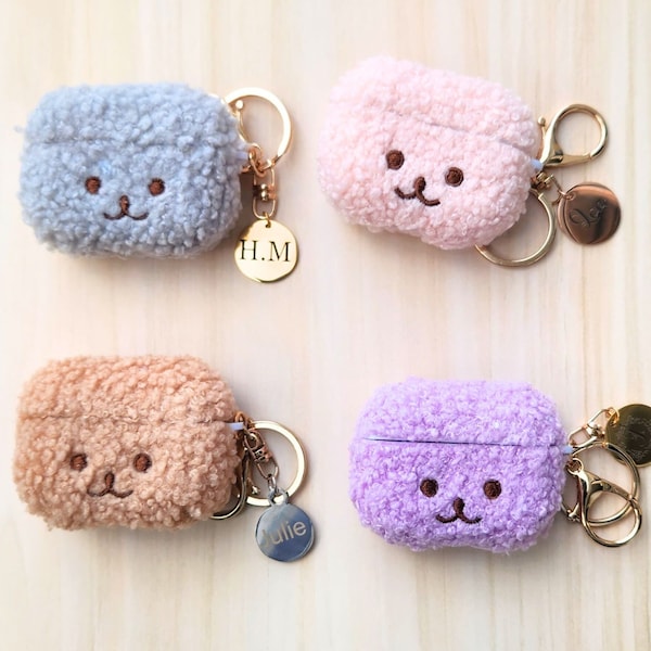 Personalized Plush Cute Teddy Bear Fleece Air Pods Key Chain Case Fluffy Airpod Pro, Pro 2 & 3rd Gen Cover