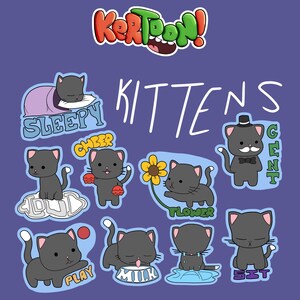 Kitten Cartoon Cute Kitty Cat Random Artwork Laminated Vinyl Waterproof Die-cut Sticker Pack Laptop Waterbottle Macbook Computer (x9 ct.)