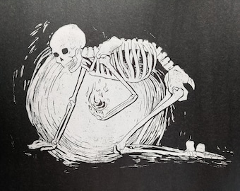 Don’t Let It Go Out, impression Linogravure faite à la main d’un squelette d’Emo pour l’esthétique gothique