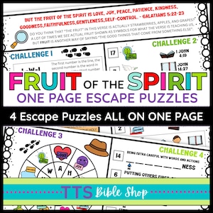 May include: A colorful educational worksheet titled "Fruit of the Spirit" with escape puzzles. The design includes text, illustrations, and the phrase "4 Escape Puzzles ALL ON ONE PAGE." The worksheet is from TTS Bible Shop.