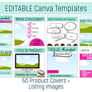 May include: An image showcasing editable Canva templates, designed for product covers and listing images. The design incorporates text elements like "Title of the product" and "Details Go Here". The image also includes the text "50 Product Covers + Listing Images".