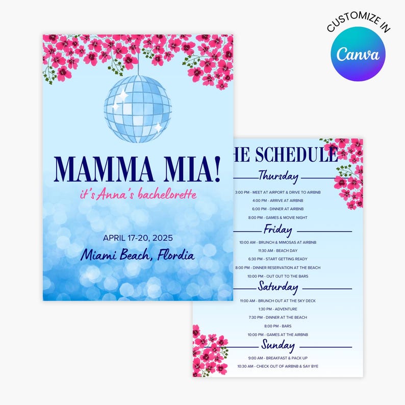 Mamma Mia Themed Bachelorette Invitation Schedule Template Editable