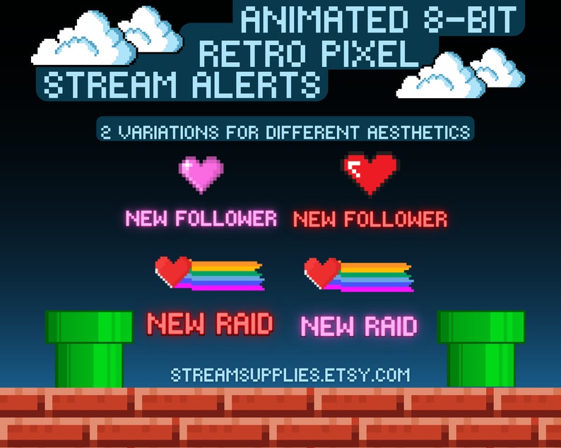 May include: Animated 8-bit retro pixel stream alerts with two variations for different aesthetics. The alerts feature a pink heart and a red heart with a rainbow ribbon. The text "NEW FOLLOWER" and "NEW RAID" are displayed in neon pink and red. The image also includes a green pixelated pipe and a brick wall.