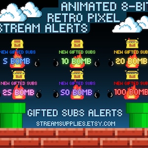 May include: Animated 8-bit retro pixel stream alerts for Twitch or YouTube.  The alerts feature a pixelated treasure chest with a bomb inside.  The alerts are for 5, 10, 20, 25, 50, and 100 gifted subscriptions.  The text "GIFTED SUBS ALERTS" is displayed below the alerts.  The text "STREAMSUPPLIES.ETSY.COM" is displayed below the text "GIFTED SUBS ALERTS".