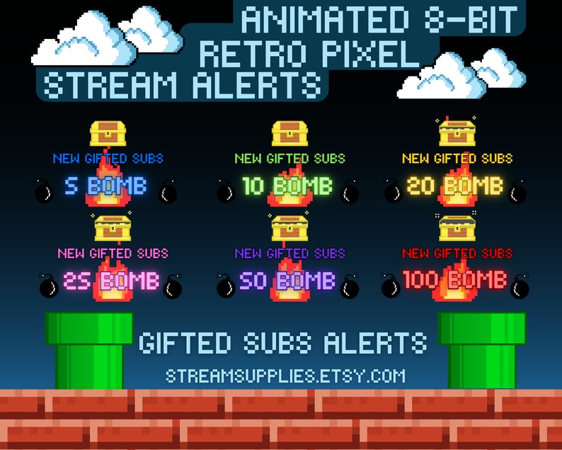 May include: Animated 8-bit retro pixel stream alerts for Twitch or YouTube.  The alerts feature a pixelated treasure chest with a bomb inside.  The alerts are for 5, 10, 20, 25, 50, and 100 gifted subscriptions.  The text "GIFTED SUBS ALERTS" is displayed below the alerts.  The text "STREAMSUPPLIES.ETSY.COM" is displayed below the text "GIFTED SUBS ALERTS".