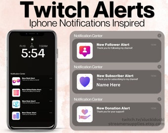 May include: A mockup of an iPhone screen displaying Twitch alerts for new followers, subscribers, and donations. The alerts are styled to look like iPhone notifications. The text on the screen reads "New Follower Alert", "New Subscriber Alert", and "New Donation Alert".