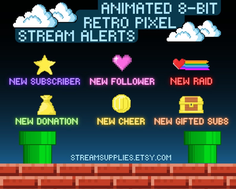 May include: Animated 8-bit retro pixel stream alerts for Twitch or YouTube.  Includes icons for new subscriber, new follower, new raid, new donation, new cheer, and new gifted subs.
