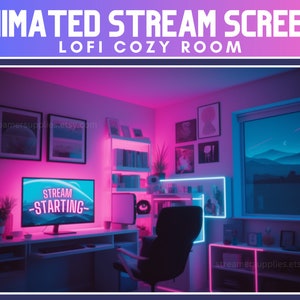 Scènes de contraction ANIMÉES Salle Lofi Neon Stream Screens Cosy Lofi Bureau Stream Overlay Lofi Aesthetic Cosy Cosy Twitch Overlay Écrans animés Cosy
