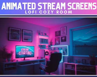 ANIMOWANE sceny Twitch Pokój Lofi Neon Ekrany strumieniowe Przytulne biurko Lofi Nakładka strumieniowa Lofi Estetyczna Przytulna nakładka Twitch Animowane ekrany Przytulne
