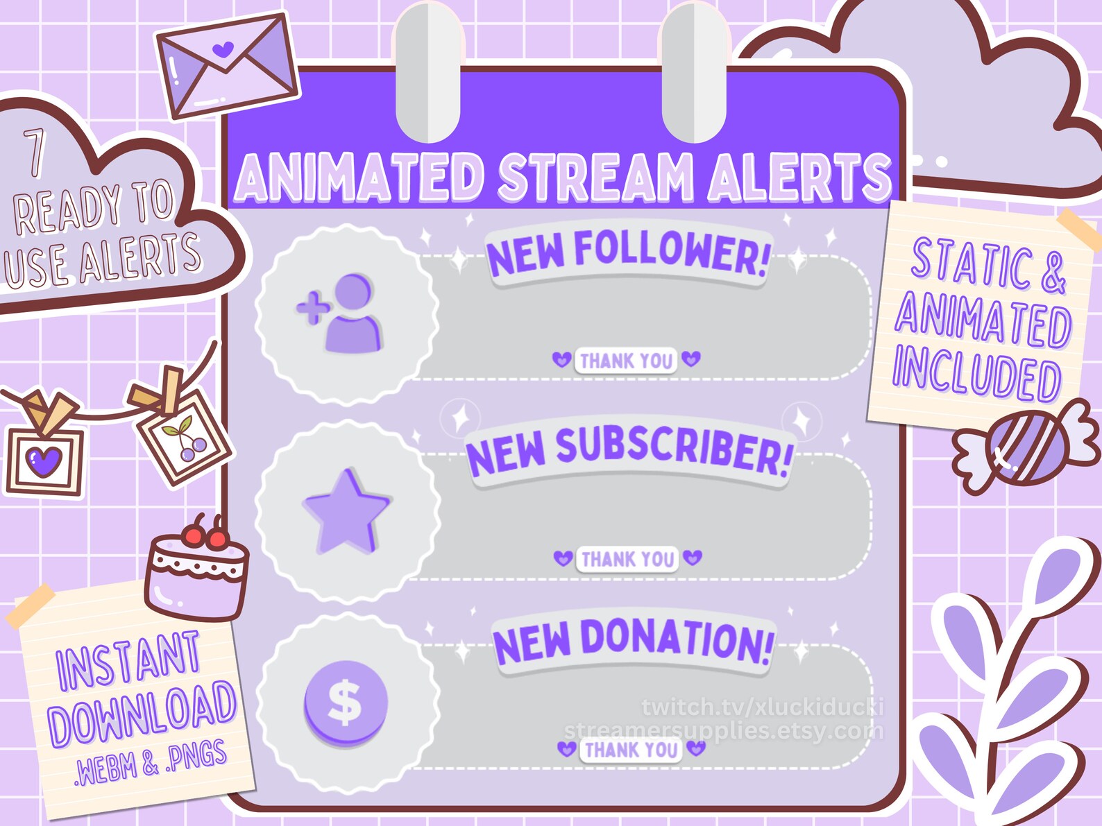 Stream Notifications ANIMATED Alerts for Twitch Streamer Aesthetic Stream Alerts Purple ...