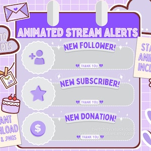 Könnte beinhalten: Ein animiertes Stream-Alert-Paket in Lila und Weiß mit 7 einsatzbereiten Benachrichtigungen. Die Benachrichtigungen umfassen einen neuen Follower, einen neuen Abonnenten und eine neue Spende. Die Benachrichtigungen sind statisch und animiert und beinhalten Webm- und PNG-Dateien. Der Text auf dem Bild lautet "Animierte Stream-Benachrichtigungen", "Neuer Follower!", "Danke", "Neuer Abonnent!", "Danke", "Neue Spende!", "twitch.tv/xluckiduck", "Streamersupplies.etsy.com", "Danke", "Statisch & Animiert Inklusive".