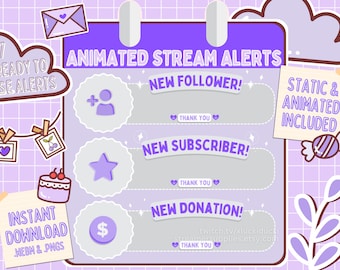 May include: A purple and white animated stream alert pack with 7 ready to use alerts. The alerts include new follower, new subscriber, and new donation. The alerts are static and animated and include webm and png files. The text on the image reads "Animated Stream Alerts", "New Follower!", "Thank You", "New Subscriber!", "Thank You", "New Donation!", "twitch.tv/xluckiduck", "Streamersupplies.etsy.com", "Thank You", "Static & Animated Included".