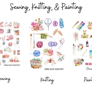 May include: Watercolor illustrations of sewing, knitting, and painting supplies. The sewing section includes a sewing machine, spools of thread, needles, scissors, and fabric scraps. The knitting section includes yarn balls, knitting needles, and a hand holding knitting needles. The painting section includes paintbrushes, paint tubes, a palette, and a canvas.