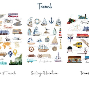 Travel Sheet Stickers - Passport, Stamps, Adventure, Transportation, Travel, Boat, Cruise, Plane, Train, Vehicle, Agenda, Planner, Scrapbook