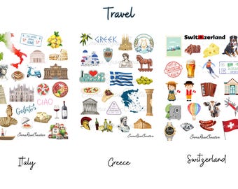 Travel: Switzerland, Greece, Italy Sheet Stickers; Wanderlust, Europe, Cuisine, Landmarks, History, Sights, Photos, Journal, Planner