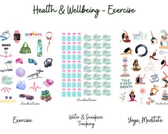 May include: A set of watercolor stickers featuring illustrations related to health and wellbeing. The stickers include images of exercise equipment, water bottles, sneakers, yoga poses, and meditation symbols. The text "just breathe" and "take a deep breath" are also included. The stickers are designed for use in planners, journals, and other creative projects.