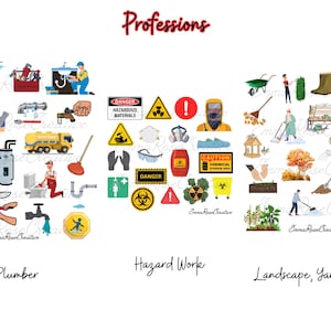 Peut inclure: Illustration divisée en trois catégories : Plombier, Travail dangereux et Paysagiste/Jardinier. Chaque section présente des icônes d'outils, d'équipements et de travailleurs. Le titre de l'image est "Professions".