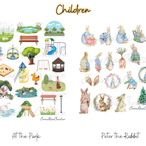 Pode incluir: Um conjunto de ilustrações coloridas que representam crianças brincando no parque e personagens de Peter Rabbit. As ilustrações do parque incluem um balanço, um escorregador, uma caixa de areia, um lago e árvores. As ilustrações de Peter Rabbit apresentam vários personagens do livro, incluindo Peter Rabbit, a Sra. Rabbit e o Sr. McGregor.