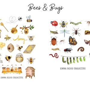 May include: A collection of watercolour illustrations featuring bees, honey-related items, and various insects. The image includes text that reads "Bees & Bugs", "Save the Bees!", and the artist's name, "EMMA ROSE CREATIVE".