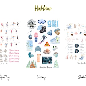 May include: A set of three digital sticker sheets featuring illustrations of hobbies. The first sheet features figure skaters in various poses. The second sheet features winter sports equipment and clothing, including skis, a cabin, and a campfire. The third sheet features ballerinas in various poses.