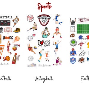 Op de afbeelding: Een digitale clipartset met afbeeldingen gerelateerd aan basketbal, volleybal en voetbal. De set bevat afbeeldingen van spelers, ballen, velden en andere sportgerelateerde items. De woorden "Basketball", "Volleyball" en "Football" staan onderaan de afbeelding.