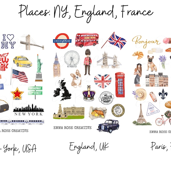 Places: New York, France, United Kingdom - Sheet Stickers - Travel, Wanderlust, Paris, London, Big Apple, Cities, Landmarks, Explore
