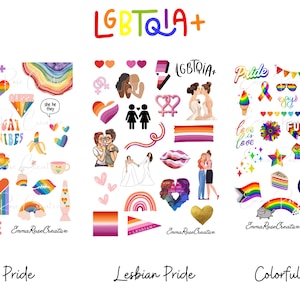 May include: Three digital sticker sheets featuring LGBTQIA+ pride designs. The first sheet is pastel colored and features rainbows, hearts, and the text "LGBTQ+", "Love is Love", and "Gay Vibes". The second sheet is lesbian themed and features a rainbow, hearts, and the text "Lesbians". The third sheet is colorful and features rainbows, hearts, stars, and the text "Pride", "Love is Love", and "Fun".