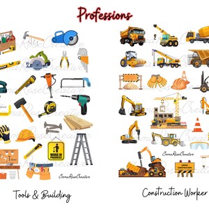 May include: A set of colourful illustrations depicting tools and building equipment. The left side of the image shows tools like a saw, hammer, level, and a toolbox. The right side of the image shows construction equipment like a crane, bulldozer, and a cement mixer. The text "Tools & Building" is at the bottom left and "Construction Worker" is at the bottom right.