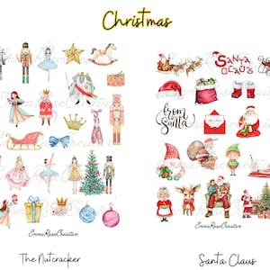 May include: A set of watercolour illustrations featuring Christmas and Nutcracker themes. The illustrations include a nutcracker soldier, a ballerina, a Christmas tree, Santa Claus, a reindeer, and other festive elements. The illustrations are perfect for adding a touch of holiday cheer to your crafts, cards, and other projects.