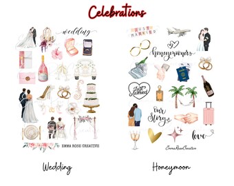 Celebrations, Sheet Stickers: Wedding, Honeymoon; Celebrate, Travel, Romance, Just Married, Planner, Journal, Scrapbook