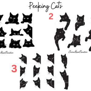 Peeking Cats Sheet Stickers - Cats, Felines, Meow, Fluffy, Peeking, Cute, Pet, B&W, Craft, Scrapbook