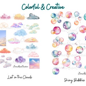 Puede incluir: Una impresión de arte digital con ilustraciones de acuarela de nubes coloridas y burbujas brillantes. También se incluye el texto "Colorful & Creative", "Lost in the Clouds" y "Shiny Bubbles".