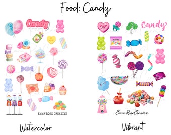 Food - Candy; Sheet Stickers; Sweets, Lollipop, Cotton Candy, Gummi Bears, Sour, Sweet, Crunchy, Sugar