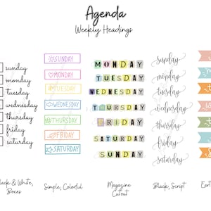 Peut inclure: Un ensemble d'autocollants de planificateur imprimables avec différents styles pour les jours de la semaine. Les styles incluent des cases noires et blanches, des cases simples et colorées, des découpes de magazines, une écriture noire et des bannières terreuses.