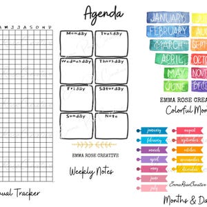 Peut inclure: Une page de planificateur imprimable avec un calendrier mensuel, un agenda hebdomadaire et un suivi annuel. La page présente un design aquarelle coloré avec les mois de l'année en couleurs arc-en-ciel.