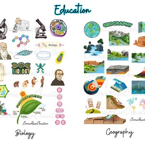 Könnte beinhalten: Eine Illustration von Bildungsmaterialien zu Biologie und Geographie. Die Biologiebilder zeigen ein Mikroskop, eine DNA-Sequenz, eine Zelle, einen Frosch, eine Pflanze und einen Wissenschaftler. Die Geographie-Bilder zeigen einen Globus, eine Karte, einen Berg, einen Fluss und einen Vulkan.