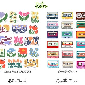 Könnte beinhalten: Retro-Blumen- und Kassetten-Illustrationen. Die Blumenillustrationen zeigen eine Vielzahl von Blumen in Pink, Blau, Gelb und Grün. Die Kassetten sind in verschiedenen Farben, darunter Rot, Blau, Grün und Gelb. Der Text "Retro Floral" und "Cassette Tapes" ist im Bild enthalten.