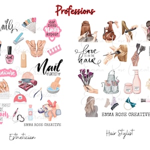 Könnte beinhalten: Eine digitale Illustration eines Sets von Aufklebern für Nageldesigner und Friseure. Die Aufkleber zeigen verschiedene Bilder und Texte rund um die Schönheitsindustrie, darunter Nagellack, Nagelfeilen, Haarbürsten und Haarfärbemittel. Der Text auf den Aufklebern enthält Sätze wie "Nail Artist", "Love is in the Hair" und "Eat Sleep Nails Repeat".