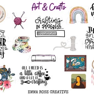 May include: A collection of digital art prints featuring various crafting themes. The prints include a rainbow macrame wall hanging, a sewing machine with floral accents, a hand-drawn illustration of a coffee cup and scissors, and a quote that reads "Craft your stress away".