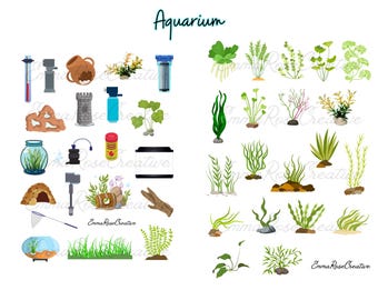 Acuario, hojas adhesivas: peces, agua dulce, plantas, decoración, accesorios, red, bomba, calentador, agenda, álbum de recortes, diario, planificador